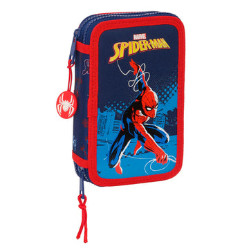 Double Pencil Case Spider-Man Neon Navy Blue 12.5 x 19.5 x 4 cm (28 Pieces)